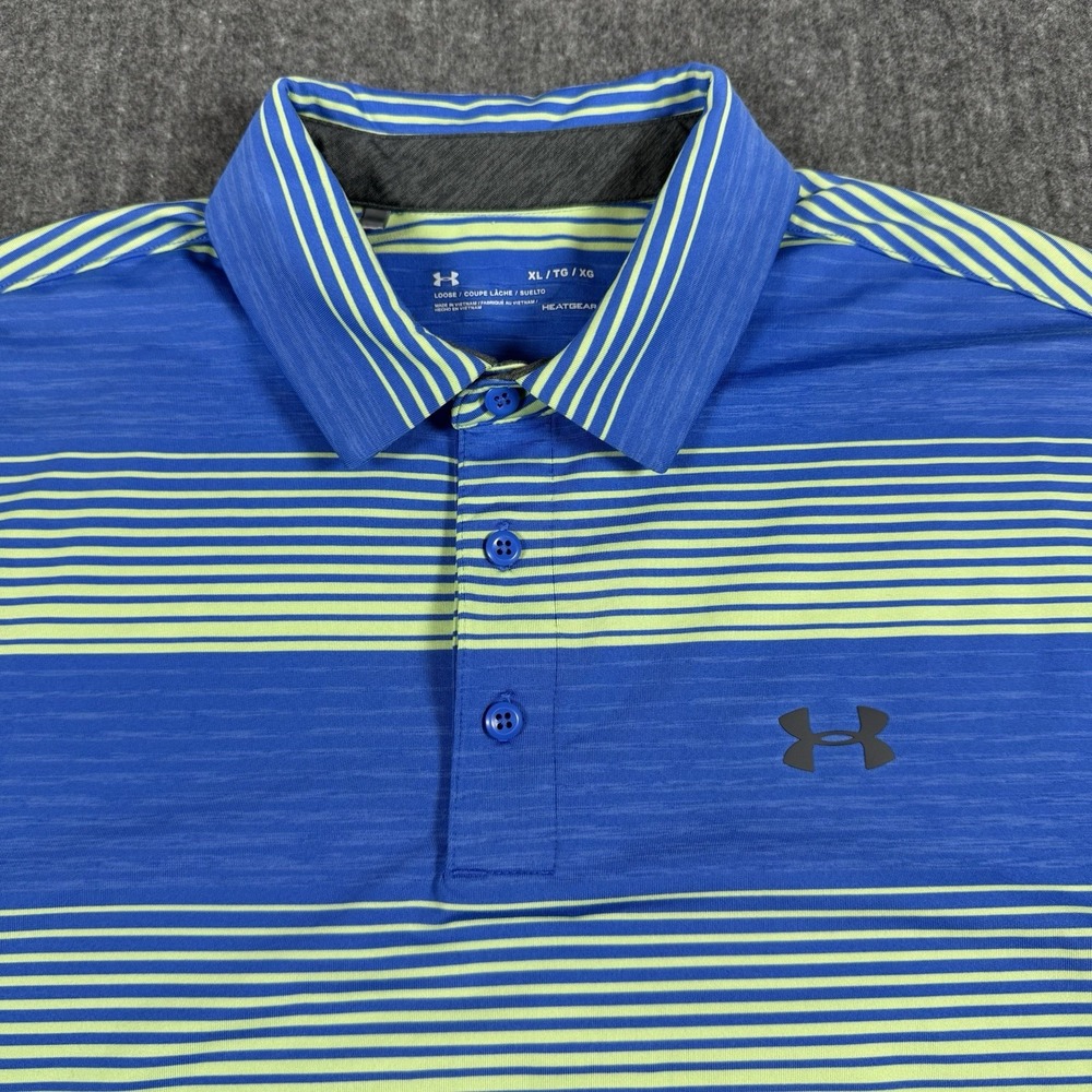 Under Armour Men's Golf Polo Shirt XL Blue Green Stripe HeatGear Loose Fit